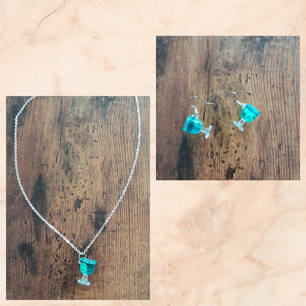 Handmade Blue Cocktail Glass Necklace and Earrings - Women Jewelry
